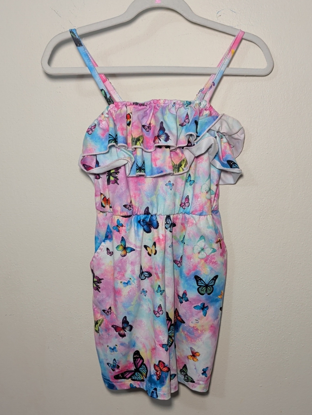 Pink + Blue Butterfly Romper Sleeveless Ruffle Neckline Girls Size 5T